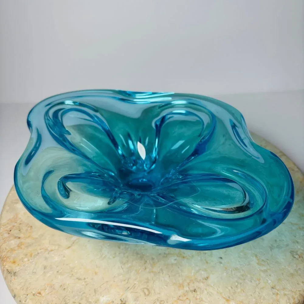 Vintage Murano Sommerso Blue Glass‎ Abstract Decorative Bowl MCM 60s 70s